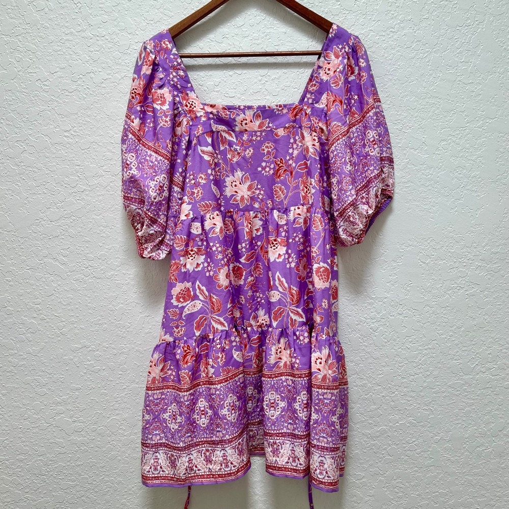 Band of the Free Purple Floral Puff Sleeve Tiered Babydoll Mini Dress Womens L